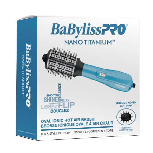 BabylissPRO Nano Titanium Medium 2-1/2" Oval Ionic Hot Air Brush, Blue/Silver, BNTHB250C