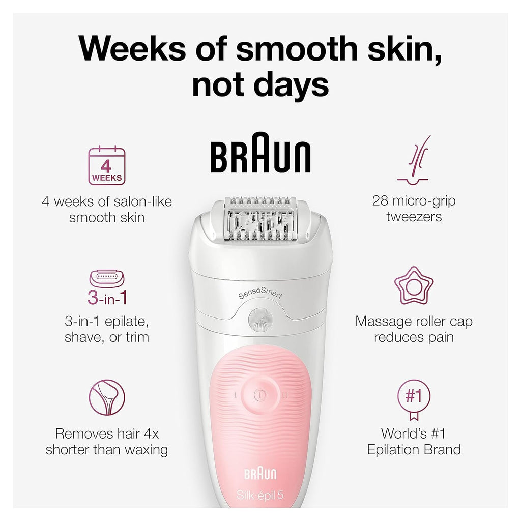 Braun Epilator Silk-épil 5 SES 5-620 Wet & Dry Use Epilator for Women, 6 Piece Set, White/Pink