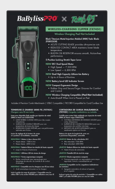 BaBylissPRO x Tomb45 Wireless Charging Clipper – Cordless Professional Barber Clipper with Charging Pad